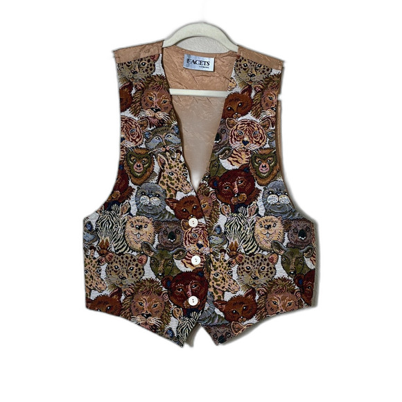 Vintage Facets Zoo Animal Tapestry Vest Large Y2K Kitschy Unisex - Picture 1 of 8
